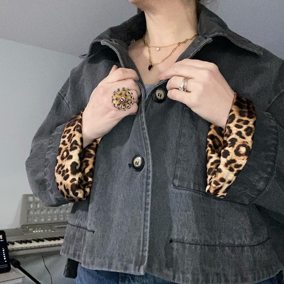 Jackets & Blazers - Womens Charcoal Button Jacket with Leopard Trim